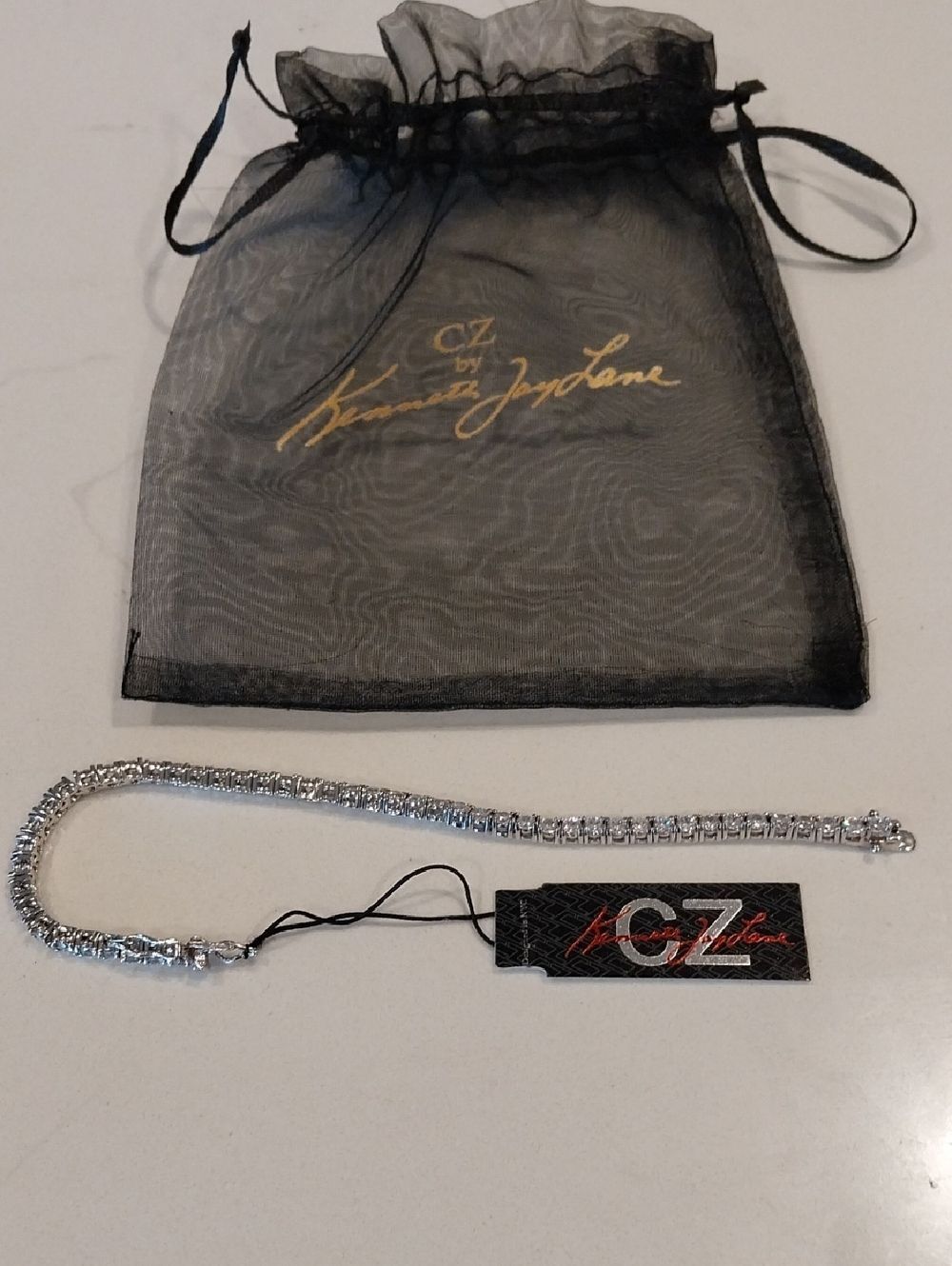 Kenneth Jay Lane Silver CZ Tennis Necklace with Branded Pouch